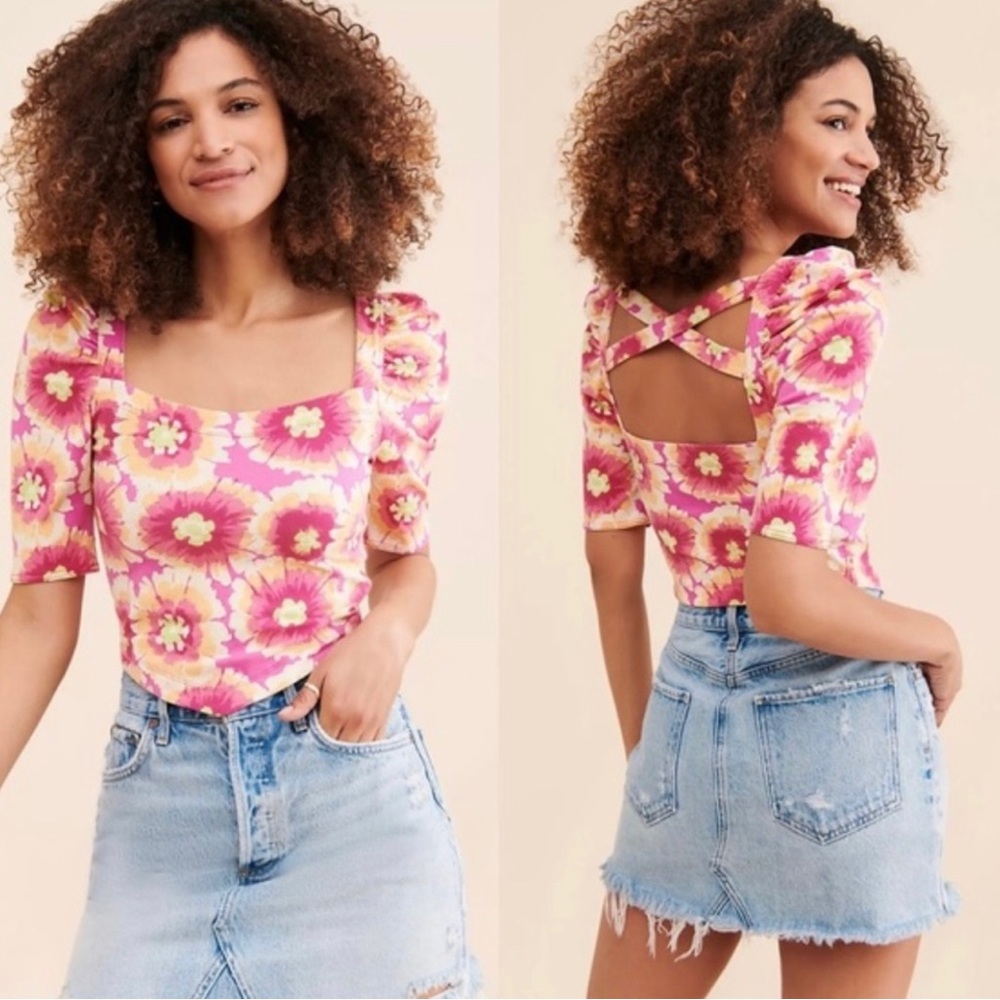 Free People Give Me More Pink Multi Floral Half Sleeve Crop Top
